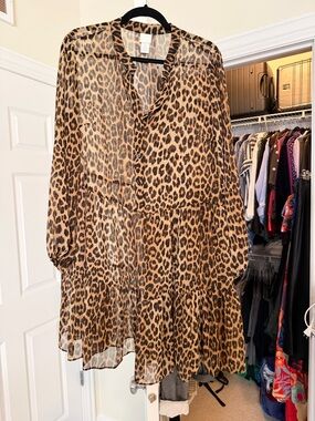 H&M Oversized Sheer Leopard Print Tiered Dress